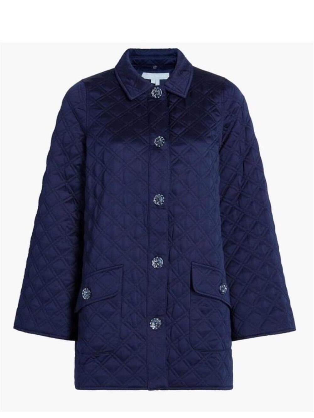 Hill house Navy quilted duvet jacket embellished buttons cottage core satin M